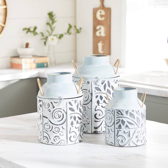 Set of 3 Blue Metal Farmhouse Vase, 9", 11", 13"